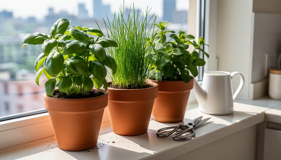 Terracotta pots of basil, chives, and mint on a sunlit apartment windowsill with small gardening tools nearby.