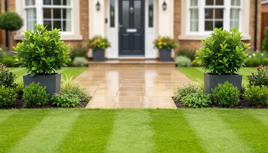 Neatly landscaped front garden with a freshly mowed lawn, trimmed borders, planters by the entrance, and a clean patio outside a house.
