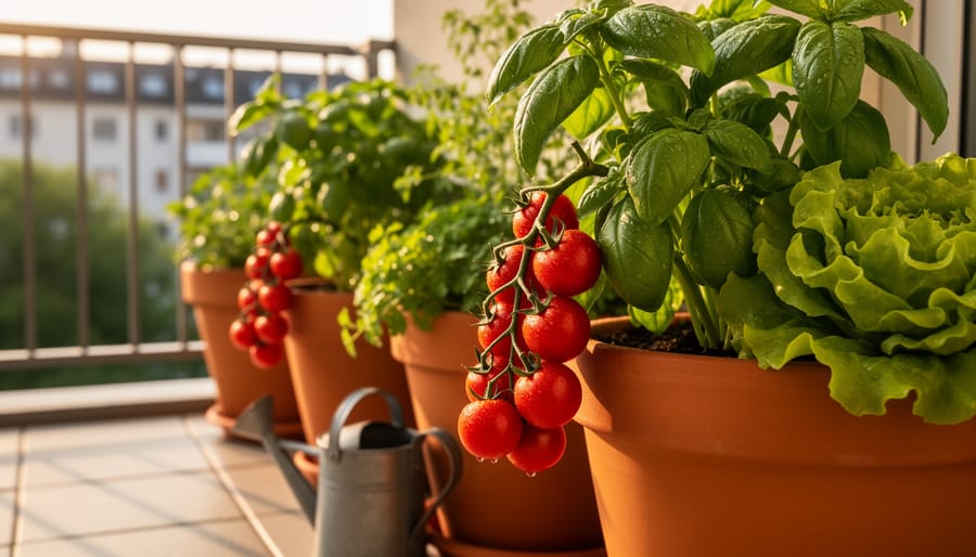 Cherry tomato, basil, and lettuce plants growing in terracotta containers on a sunny apartment balcony with a small watering can nearby.