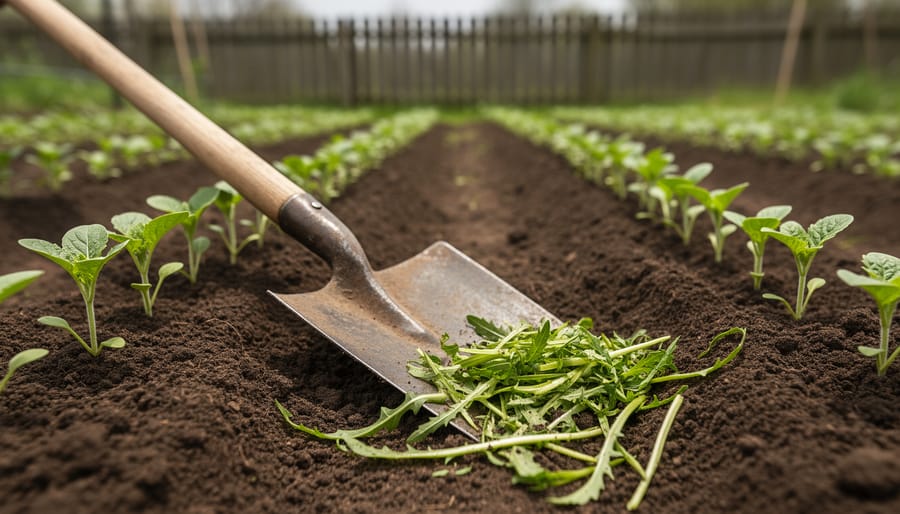 A traditional gardening hoe placed in dark, healthy soil beside vegetable seedlings, with sliced weeds nearby in a garden bed.