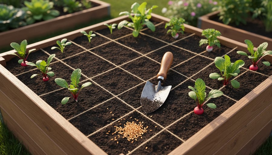 Square-foot gardening scene showing a 4x4 raised bed with soil marked by one-foot grid lines and carrot seeds with a hand trowel nearby.