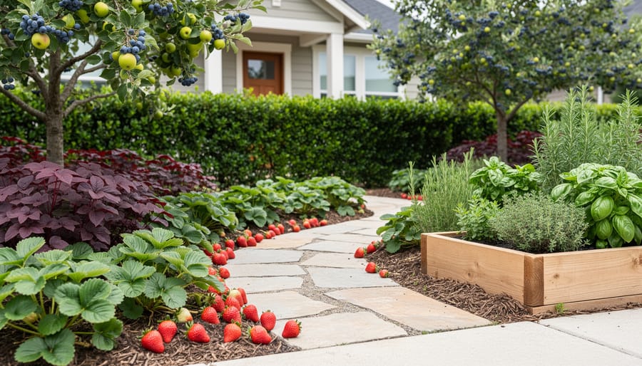Front yard designed for edible landscaping with a dwarf apple tree, blueberry hedge border, strawberry groundcover along a stone path, and herb beds near the house.