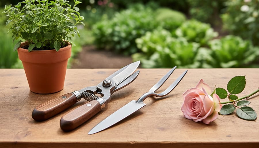 Close-up of Japanese hand-forged pruning and weeding tools on a wooden bench next to a terracotta herb pot and a freshly cut rose stem in a garden.