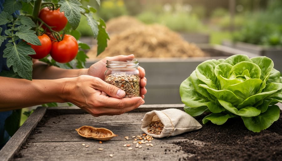 Close-up of a gardener holding a jar of saved seeds near ripe tomato and lettuce plants in an organic garden.