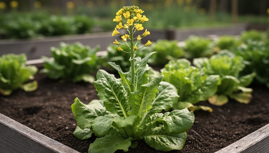 “Close-up of a lettuce plant bolting with a tall central flower stalk and small yellow buds in a garden bed.”