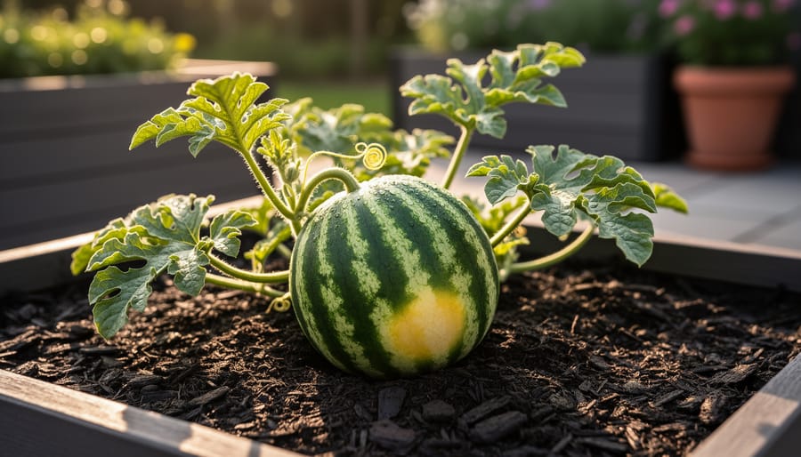 Ripe icebox watermelon on mulch in a small raised garden bed with compact vine leaves in warm sunlight.