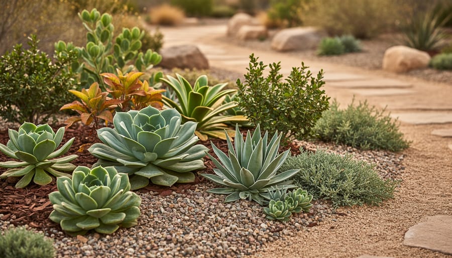 Drought-tolerant succulents and hardy plants growing in a low-maintenance garden bed with dry sandy soil and stones in the background.