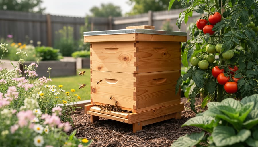 Wooden beehive in a backyard garden with honeybees flying near blossoming flowers and tomato plants.