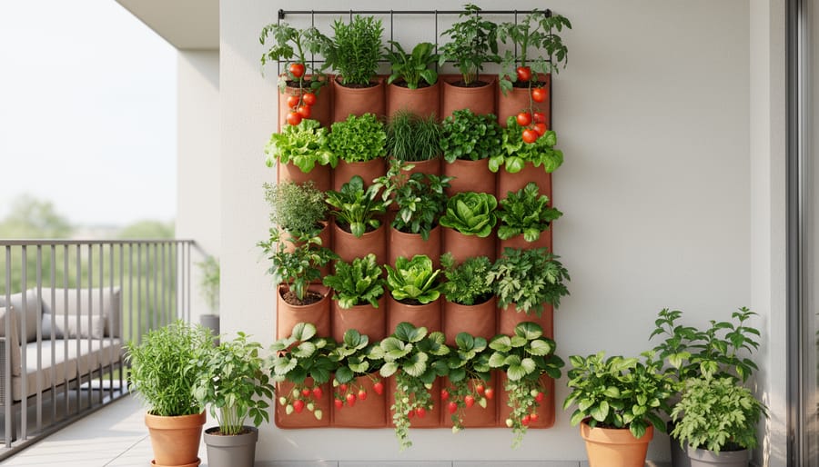 Vertical garden on a balcony wall with healthy leafy greens, climbing tomato vines, and strawberries in modular planters trained upward on a trellis.