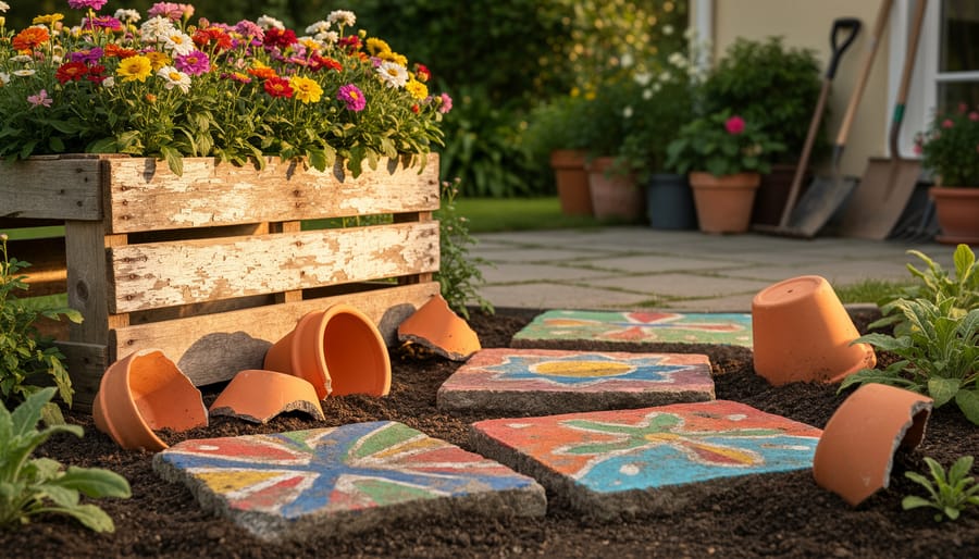 DIY outdoor garden decor on a patio, including painted stepping stones and a pallet planter with flowers in warm golden hour light.