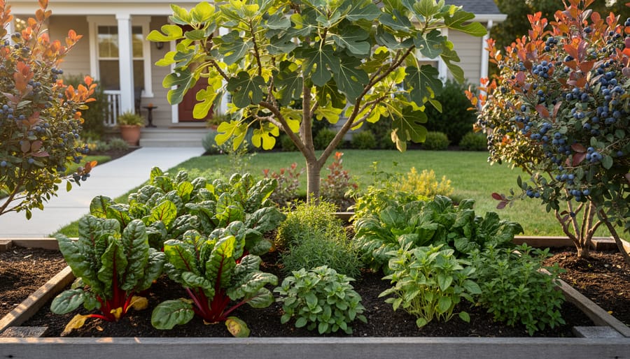 Front yard edible landscape with ruby-red Swiss chard, herbs, blueberry bushes, and a fig tree under warm golden light near a suburban walkway.