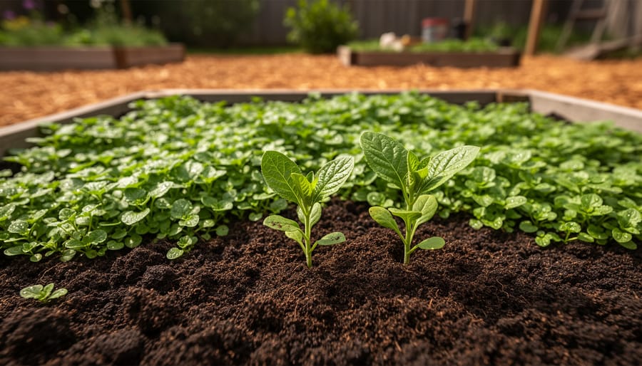 Seedlings growing in dark, crumbly living soil inside a raised garden bed with surrounding green cover plants in soft natural light.