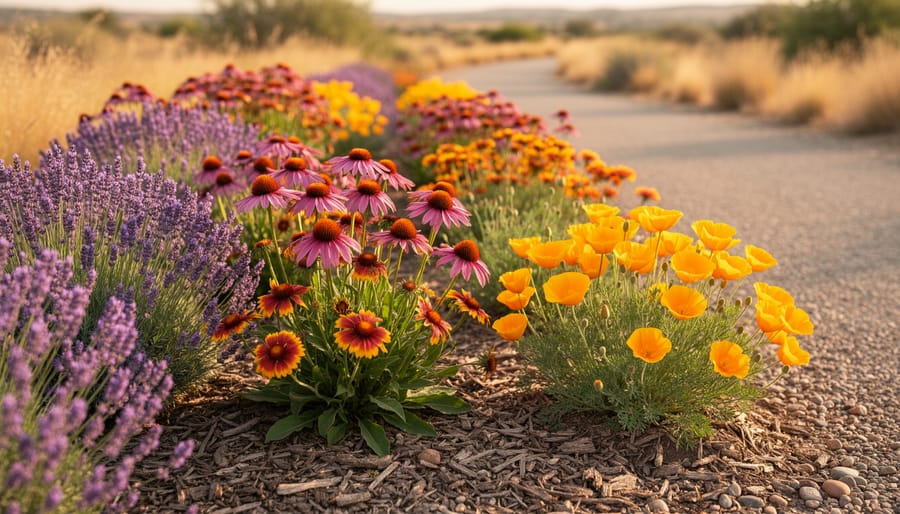 “Lavender, coneflowers, blanket flowers, and California poppies blooming in a drought-tolerant garden bed with dry, well-drained soil.”
