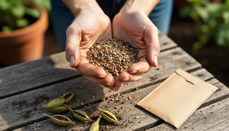 “Gardener’s hands holding a handful of dry vegetable seeds on a potting bench with gardening materials in the background.”