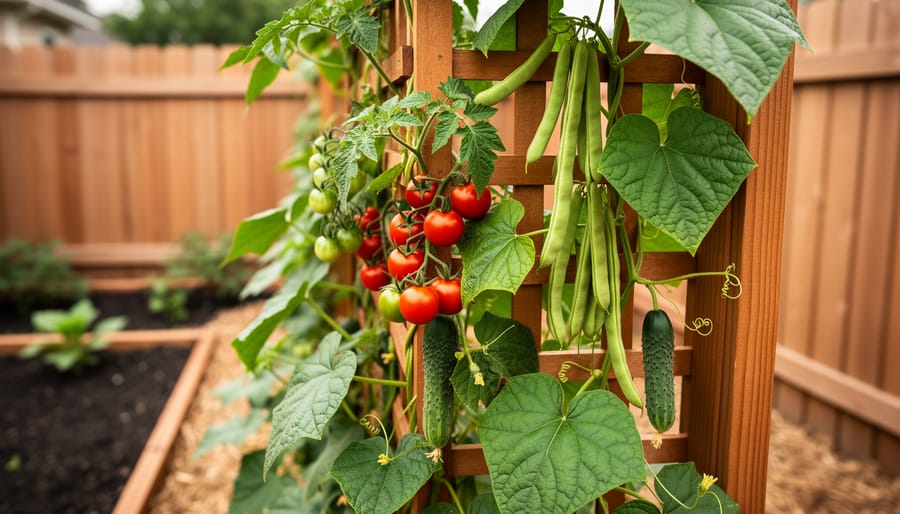 Climbing bean vines and cherry tomato plant growing on a wooden trellis in a small backyard garden under soft natural light