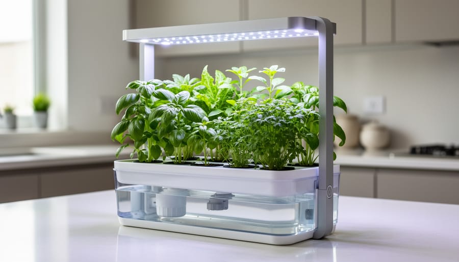 Countertop indoor garden system with LED grow lights growing basil and leafy greens on a kitchen counter.