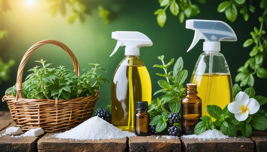 Organic cleaning supplies arranged with garden tools showing vinegar, essential oils, and baking soda