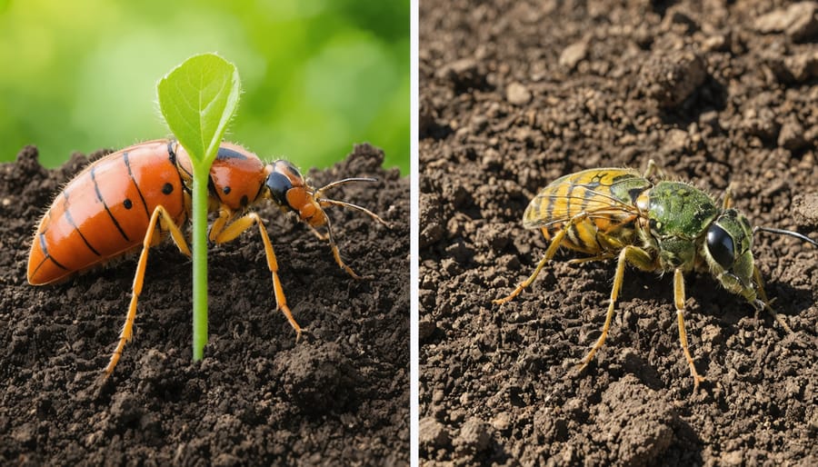 Split image comparing rich organic soil with visible earthworms to depleted chemical-treated soil