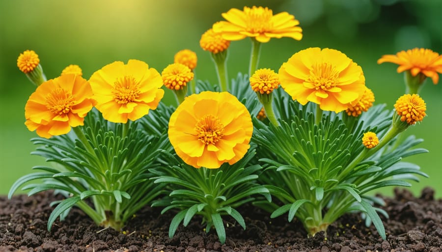 Cannabis plants growing with companion plants including marigolds and basil in organic garden