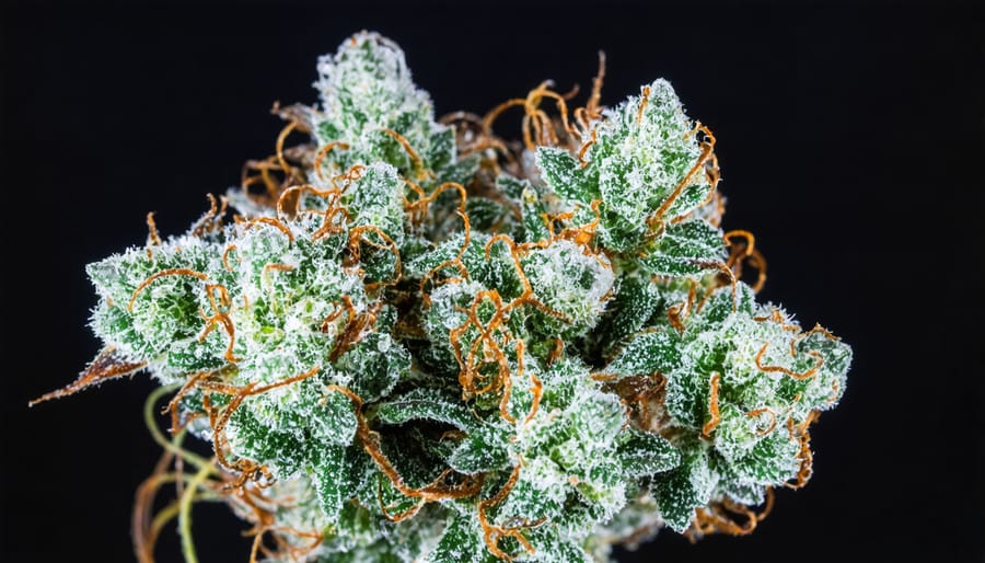 Close-up macro photograph of cannabis flower showing crystalline trichomes rich in THCa