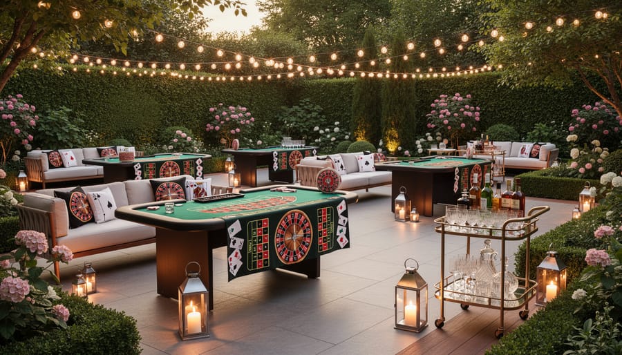 Elegant garden party table with casino-themed playing card decorations and fresh rose centerpiece