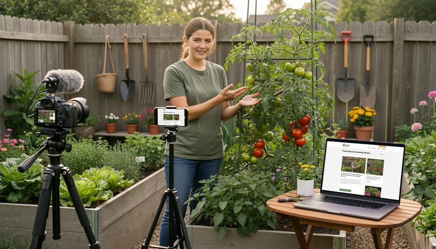 Gardener using smartphone to manage blog content surrounded by plants and gardening tools