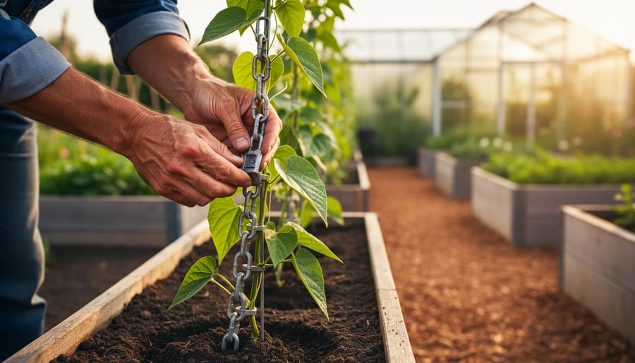 Gardener’s hands repositioning a reusable plant stake with chain-like clips to redirect a vine between raised garden beds at golden hour, with a blurred greenhouse in the background.
