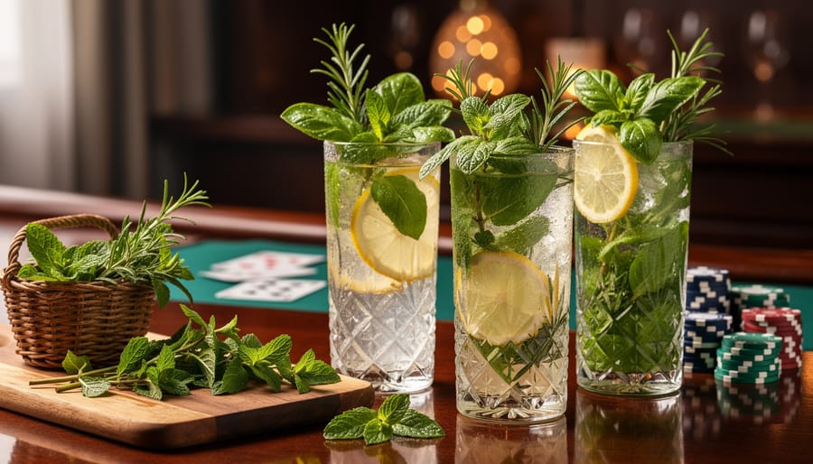 Garden herb mocktail station with fresh basil and mint in glass bottles beside colorful drinks