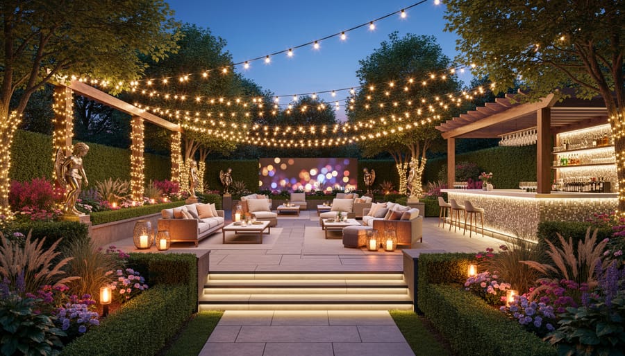 Overhead view of garden patio illuminated with string lights at dusk surrounded by planted beds