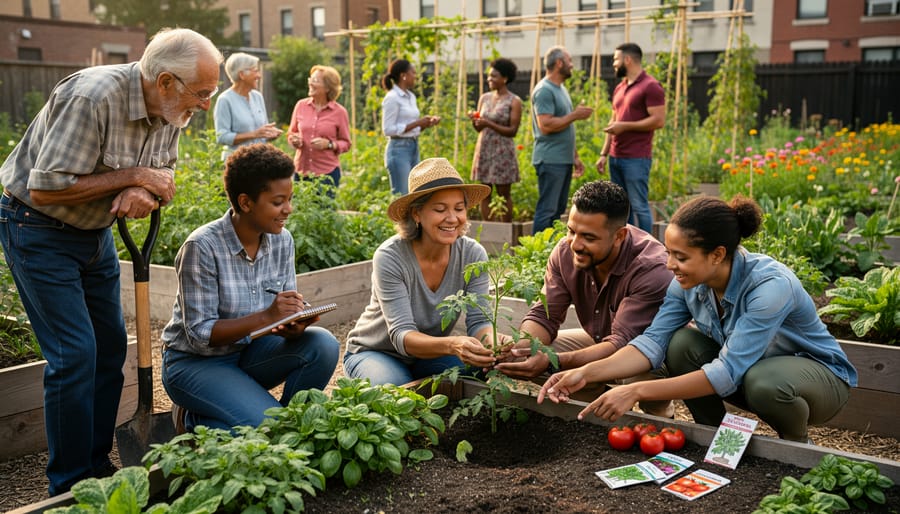 Group of gardeners sharing plants and advice at community garden