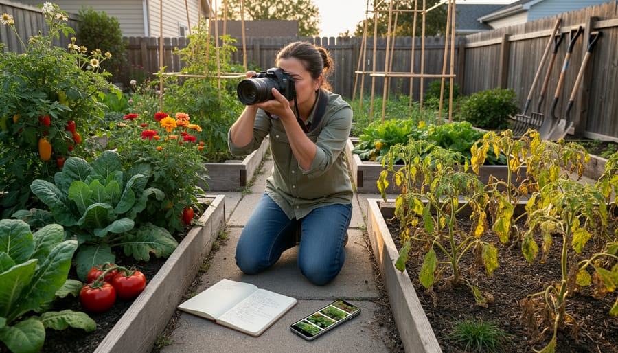 Gardener photographing tomato plant showing both healthy fruit and disease damage