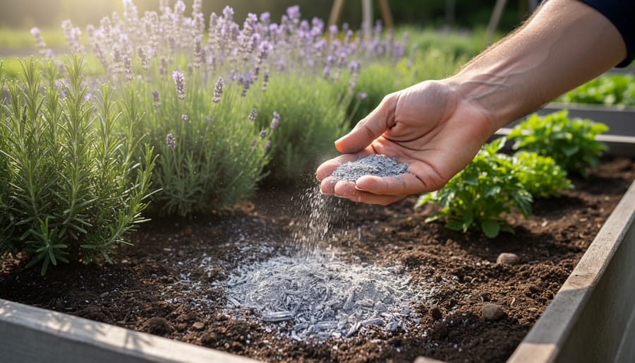 Gardener's hands spreading wood ash onto garden soil around vegetable plants