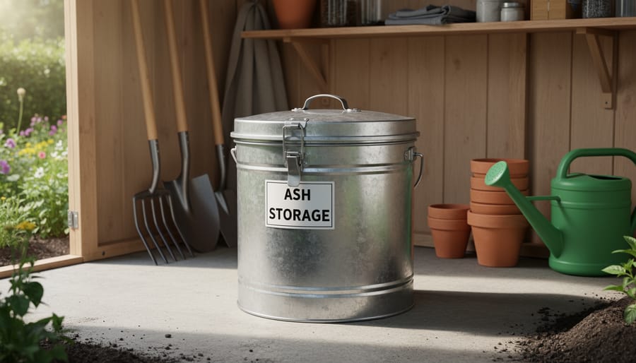 Metal ash container with lid stored safely next to fireplace