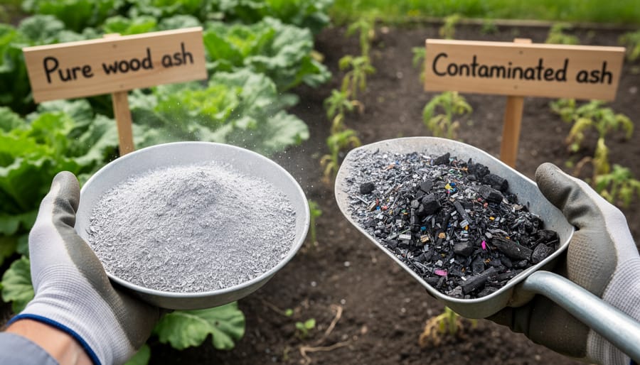 Comparison of clean wood ash and contaminated ash showing texture and color differences