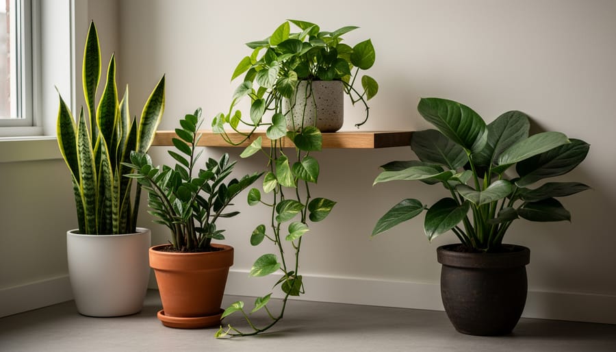 Low-light houseplants—snake plant, ZZ plant, pothos trailing, and cast iron plant—in ceramic and terracotta pots thriving in a softly lit apartment corner with gentle side light and a blurred background.