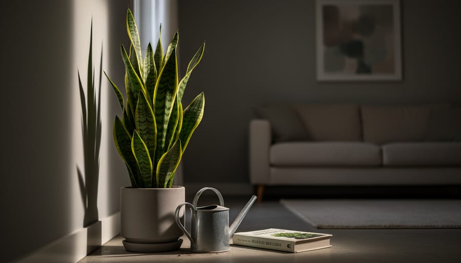 Snake plant with variegated leaves in ceramic pot on shelf in dimly lit room corner
