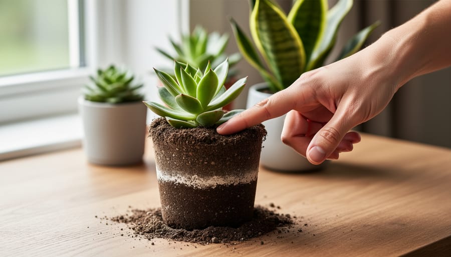 Hand testing soil moisture with finger in plant pot to check watering needs