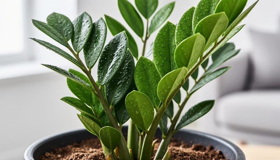 Close-up of glossy ZZ plant leaves with water droplets showing waxy texture