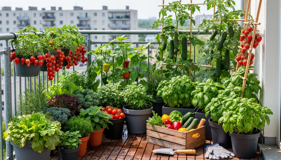 Lettuce, radishes, and a cherry tomato growing in containers on an urban balcony.