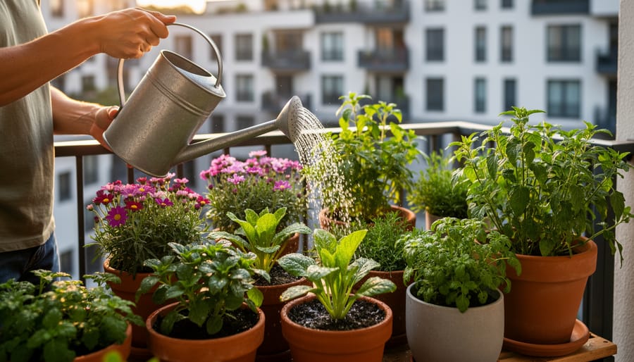 Person watering seedlings in container planters with a watering can during golden hour.