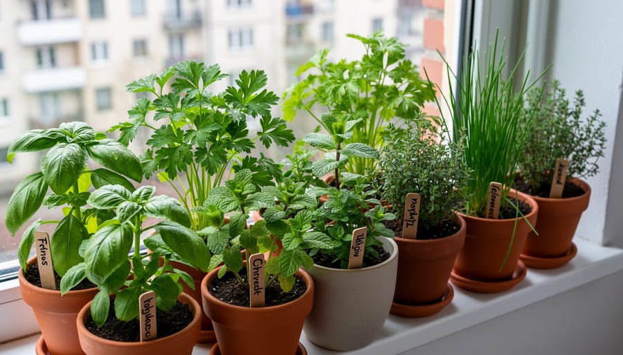 Assorted beginner herb plants growing in terracotta and plastic pots on a patio table