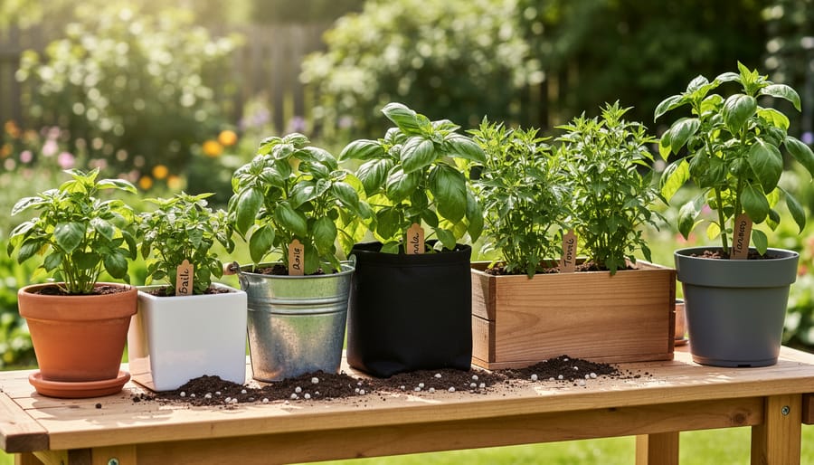 Multiple beginner container types filled with potting mix and small seedlings on a patio.