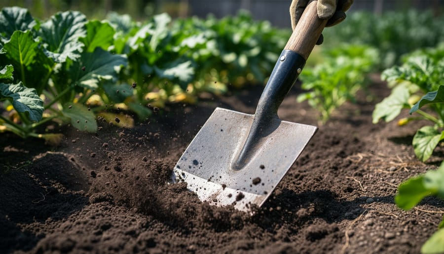 Gardener using a draw hoe to loosen soil in a raised vegetable bed