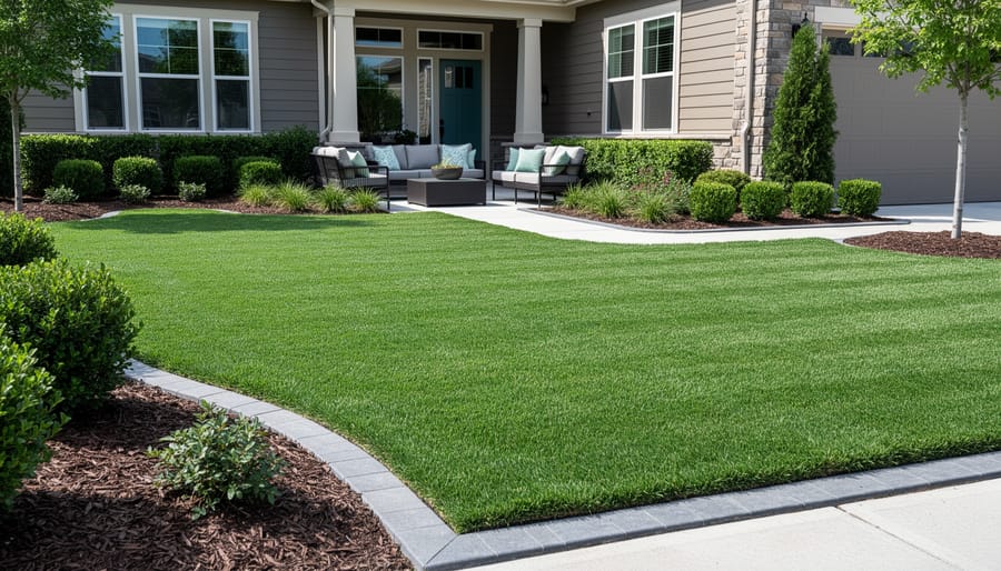 Gardener trimming and edging a lawn border with tools, creating a crisp clean line beside a flower bed.