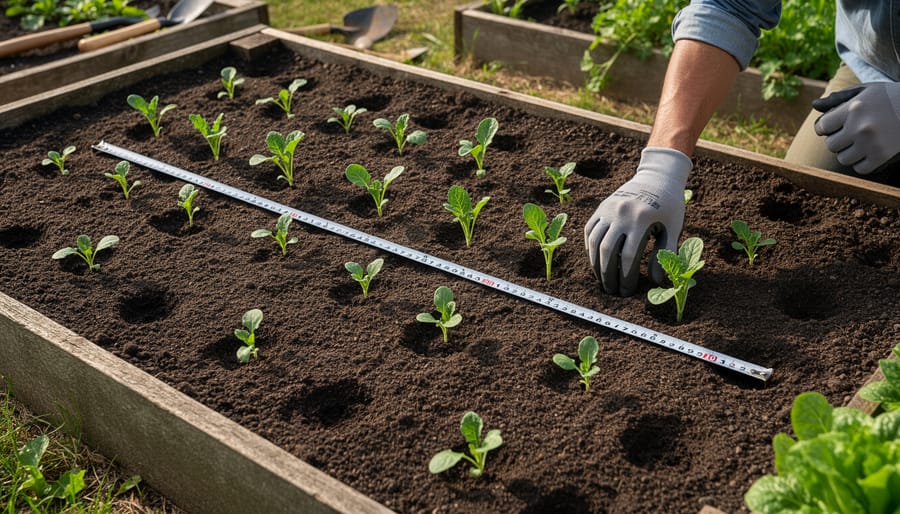 Gardener’s hands placing small transplants into soil in a raised bed