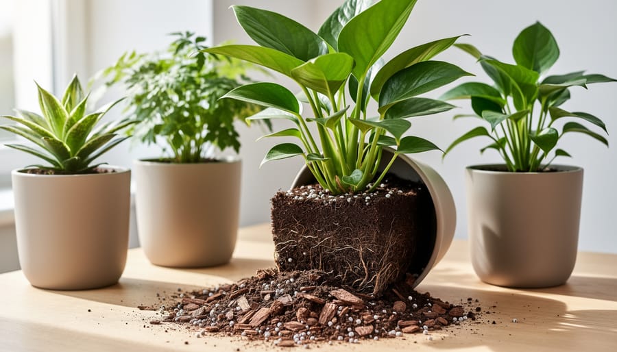 Macro view of a thriving herb plant growing in dark potting mix inside a container.