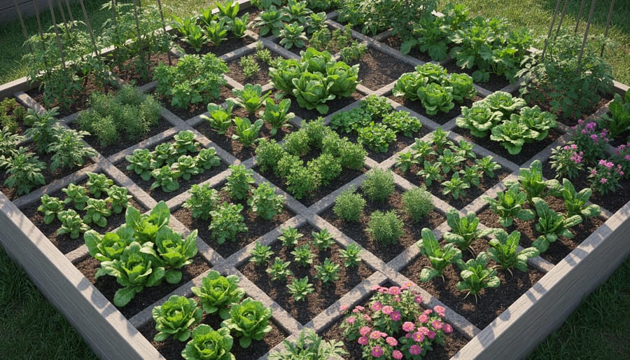 Healthy mixed planting of leafy greens and herbs in a raised bed during golden hour
