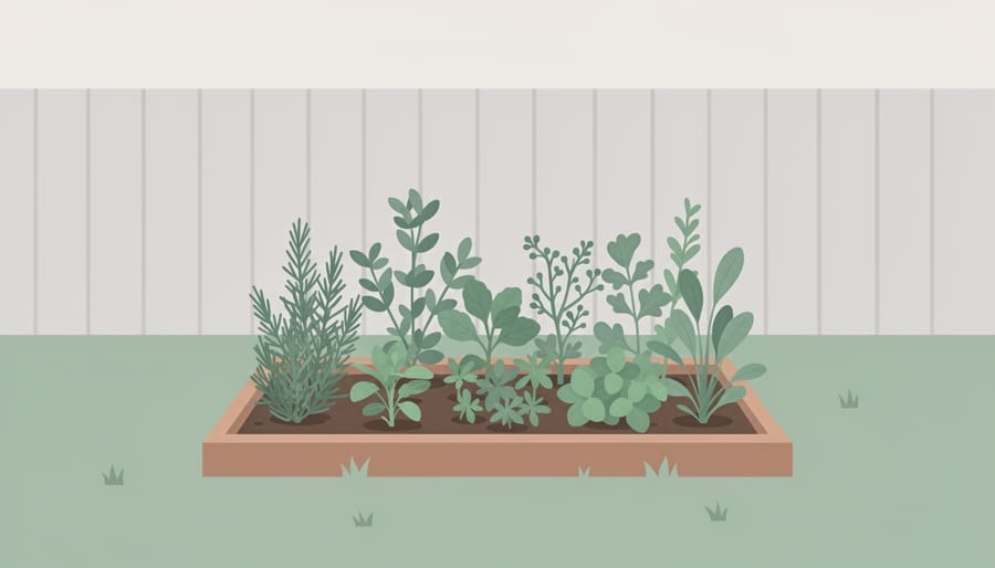 Ground-level view of a small in-ground herb garden bed with thyme, oregano, and parsley