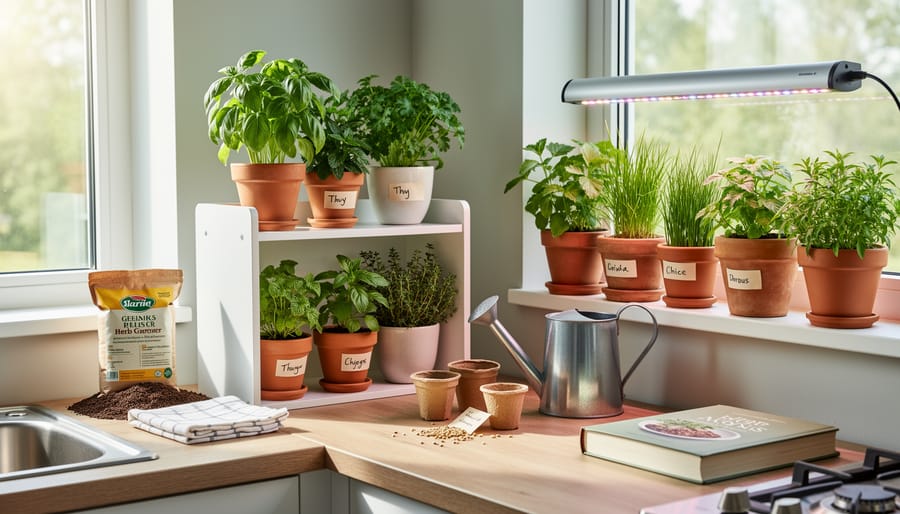 Fresh potted basil, mint, parsley, and chives on a sunny kitchen window ledge