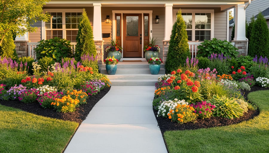 Colorful low-maintenance flower borders and planters beside a patio entrance in a clean, inviting garden.